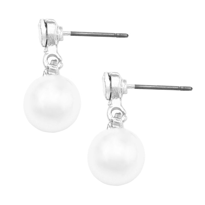 Stunning 10mm Simulated Pearl and Crystal Hypoallergenic Dangle Post Earrings, 0.82" (Silver Tone)