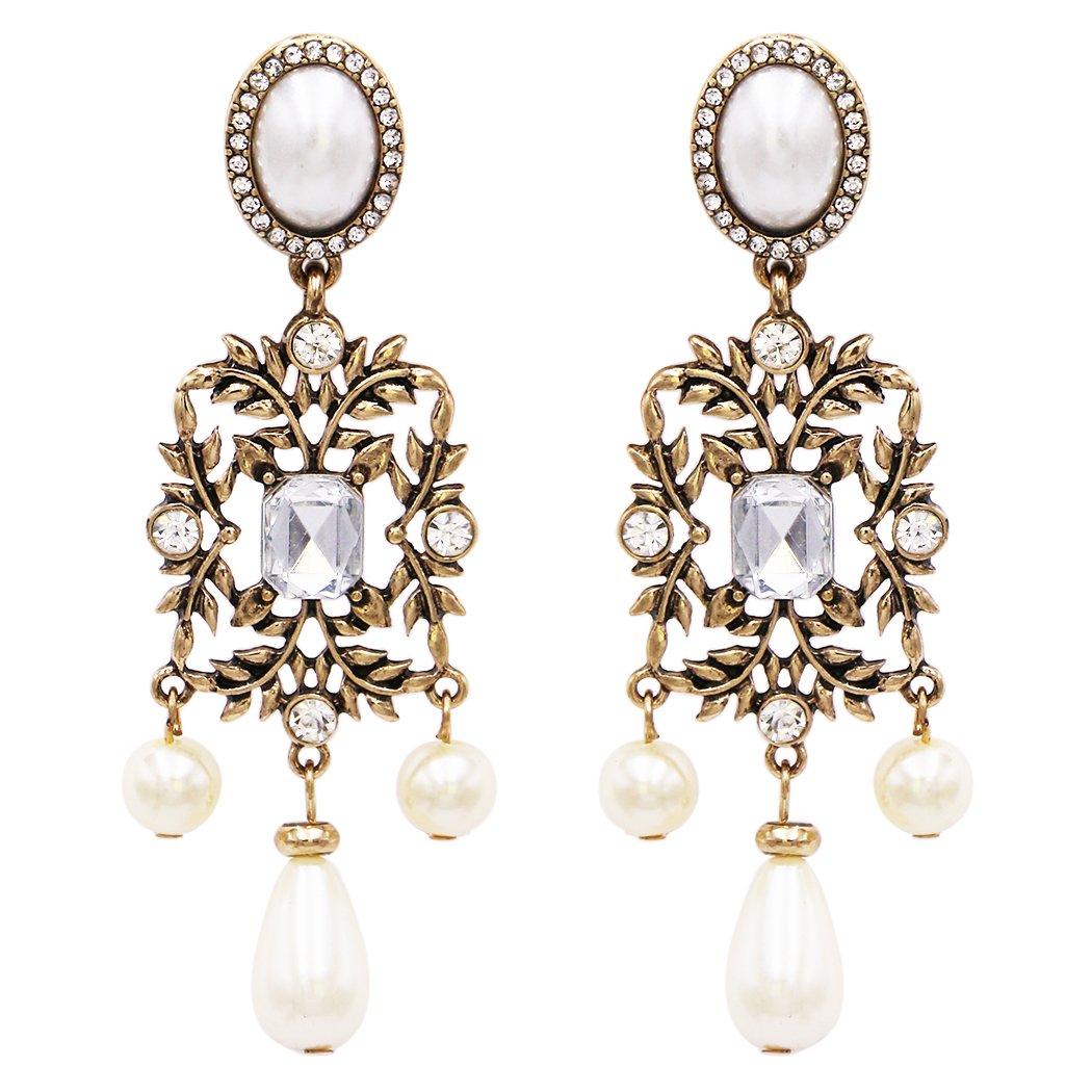 Hypoallergenic Vintage Style Burnished Gold Tone Long Simulated