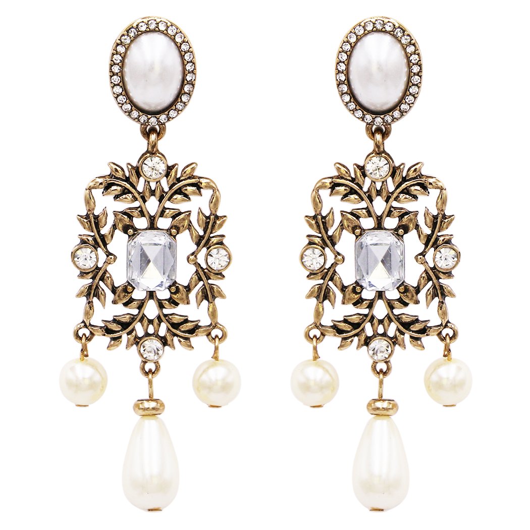 Hypoallergenic Vintage Style Burnished Gold Tone Long Simulated Pearl and Crystal Design Long Statement Earrings, 3.25"