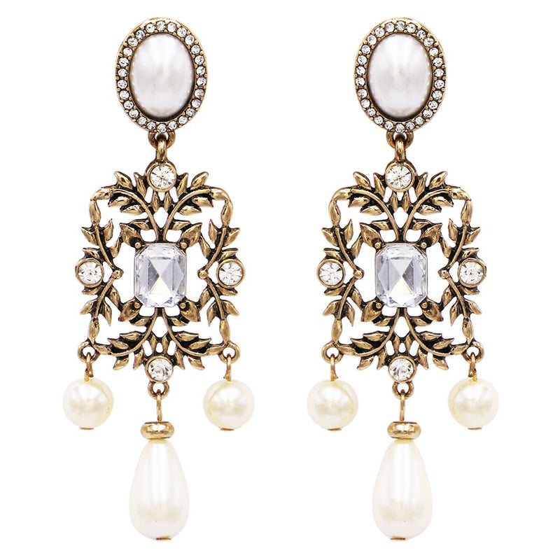Hypoallergenic Vintage Style Burnished Gold Tone Long Simulated Pearl and Crystal Design Long Statement Earrings, 3.25"