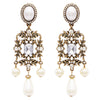 Hypoallergenic Vintage Style Burnished Gold Tone Long Simulated Pearl and Crystal Design Long Statement Earrings, 3.25"