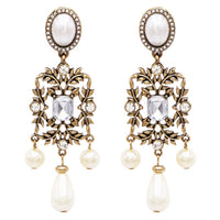 Hypoallergenic Vintage Style Burnished Gold Tone Long Simulated Pearl and Crystal Design Long Statement Earrings, 3.25"