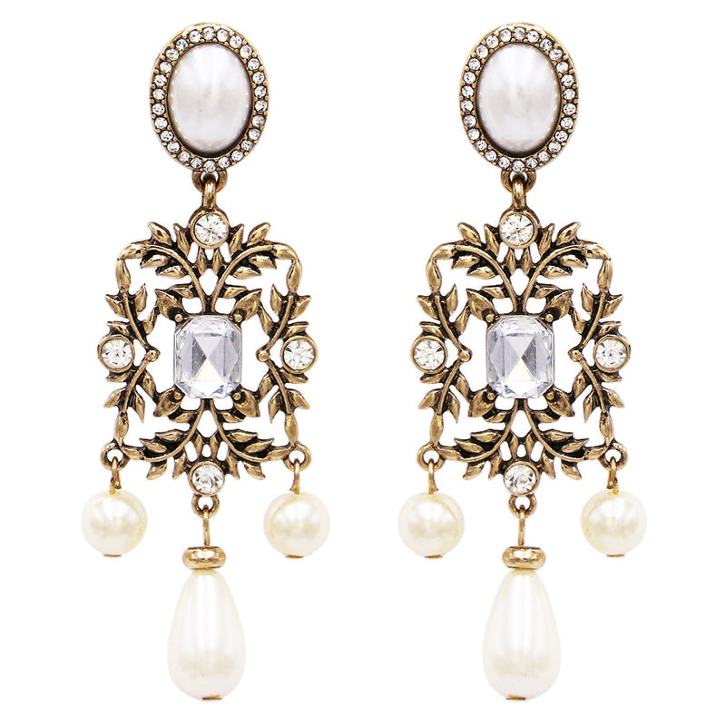 Hypoallergenic Vintage Style Burnished Gold Tone Long Simulated Pearl and Crystal Design Long Statement Earrings, 3.25"