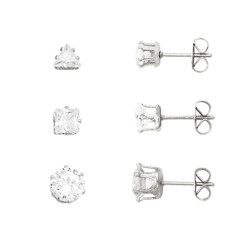 Crystal Stud Earrings Set of 3 (Silver)