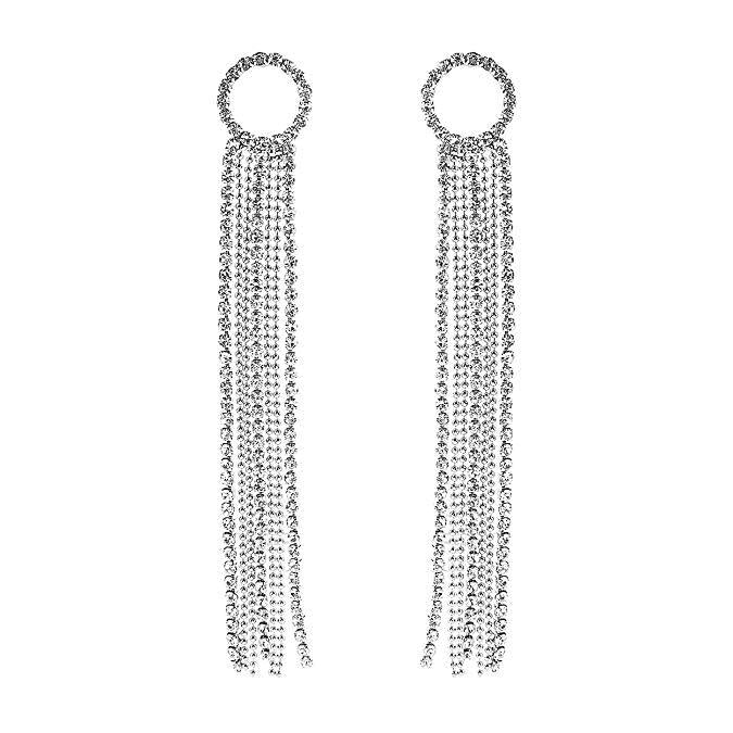 Crystal Rhinestone Circle and Extra Long Fringe Drop Earrings (Silver)