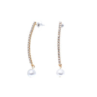 Rhinestone Vertical Bar With Faux Pearl Dangle Earrings (Gold)