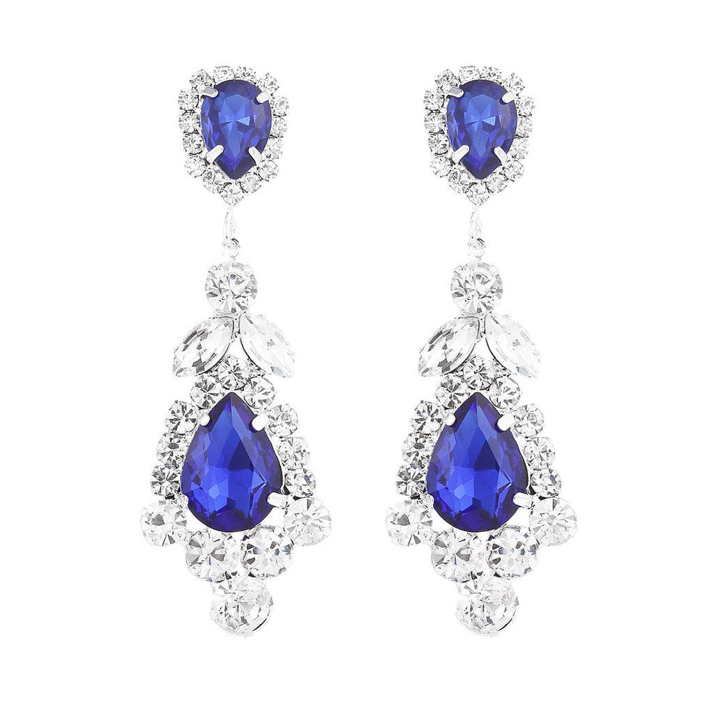 Statement Crystal Rhinestone Teardrop Chandelier Hypoallergenic Post Earrings (Sapphire Blue)