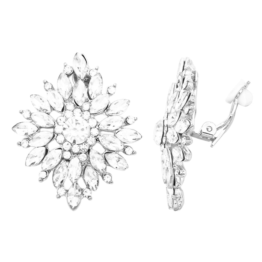 Dazzling Crystal Rhinestone Flower Burst Clip On Earrings, 1.5" (Silver Tone)