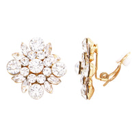 Dazzling Silver Tone Crystal Rhinestone Flower Burst Clip On Earrings, 1" (Gold Tone)