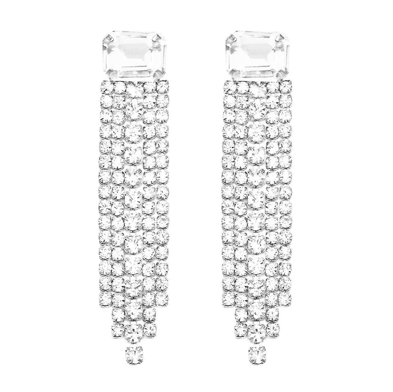 Women's Sparkling Baguette Crystal Rhinestone Fringe Hypoallergenic Post Earrings, 2.25"