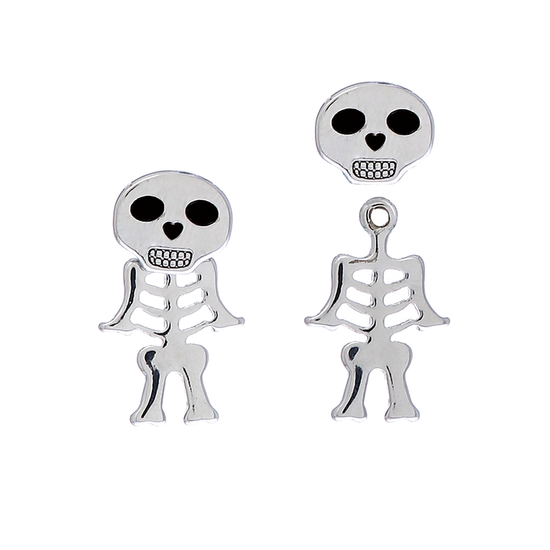 Spooktacular Removable Body Jacket Skeleton Skull Head Hypoallergenic Stud Halloween Earrings, 0.87"
