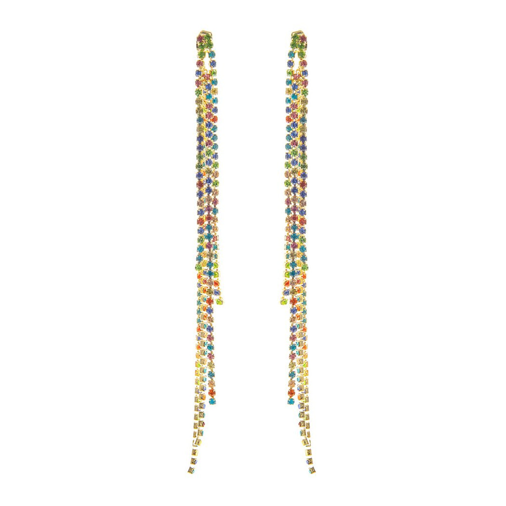 Unique Crystal Rhinestone Strands Double Sided Shoulder Duster Hypoallergenic Statement Earrings, 6" (Multicolored/Gold Tone)