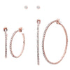 Set of 3 Hypoallergenic Crystal Rhinestone Stud and Hoops Post Back Earrings (Rose Gold Tone)