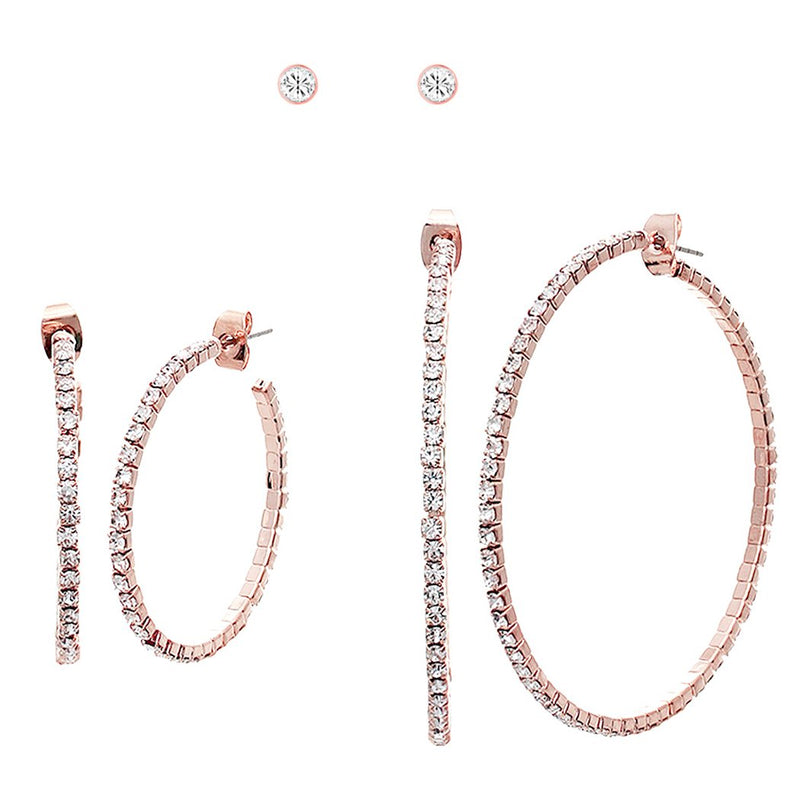 Set of 3 Hypoallergenic Crystal Rhinestone Stud and Hoops Post Back Earrings (Rose Gold Tone)