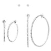 Set of 3 Hypoallergenic Crystal Rhinestone Stud and Hoops Post Back Earrings (Silver Tone)