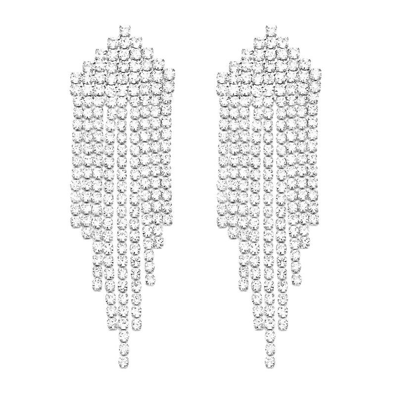 Sparkling Crystal Fringe Waterfall Hypoallergenic Post Earrings, 2.75" (Silver Tone)