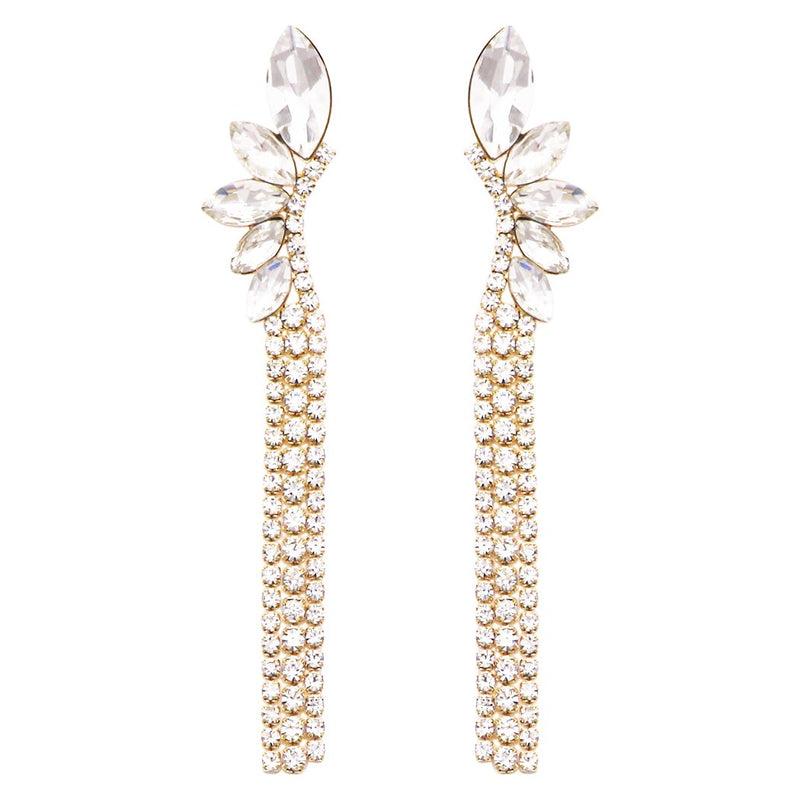 Hypoallergenic Marquise Cut and Fringe Crystal Rhinestone Long Strand Drop Earrings (Gold Tone)