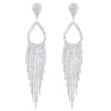 Statement Crystal Rhinestone Teardrop Fringe Shoulder Duster Clip On Earrings, 5.75" (Silver Tone)