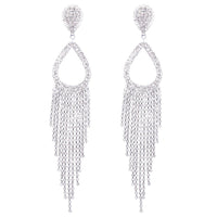 Statement Crystal Rhinestone Teardrop Fringe Shoulder Duster Clip On Earrings, 5.75" (Silver Tone)