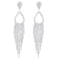 Statement Crystal Rhinestone Teardrop Fringe Shoulder Duster Clip On Earrings (Silver Tone)