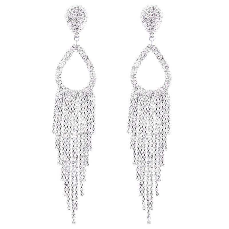 Statement Crystal Rhinestone Teardrop Fringe Shoulder Duster Clip On Earrings, 5.75" (Silver Tone)