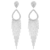 Statement Crystal Rhinestone Teardrop Fringe Shoulder Duster Earrings, 5.75" (POST BACK Silver Tone)