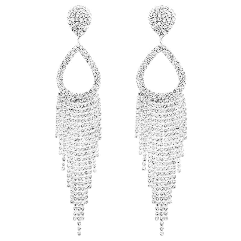 Statement Crystal Rhinestone Teardrop Fringe Shoulder Duster Earrings, 6" (POST BACK Silver Tone)