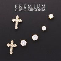 3 Pair Earring Gift Set Hypoallergenic Trendy Small Cross and Cubic Zirconia Stud Earring Set (Gold Tone)