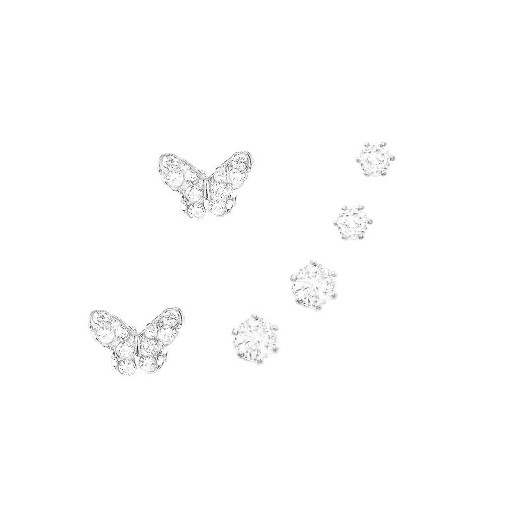 Set of 3 Pairs Petite Hypoallergenic CZ Stud Earring Gift Set (Butterfly Stud Silver Tone)