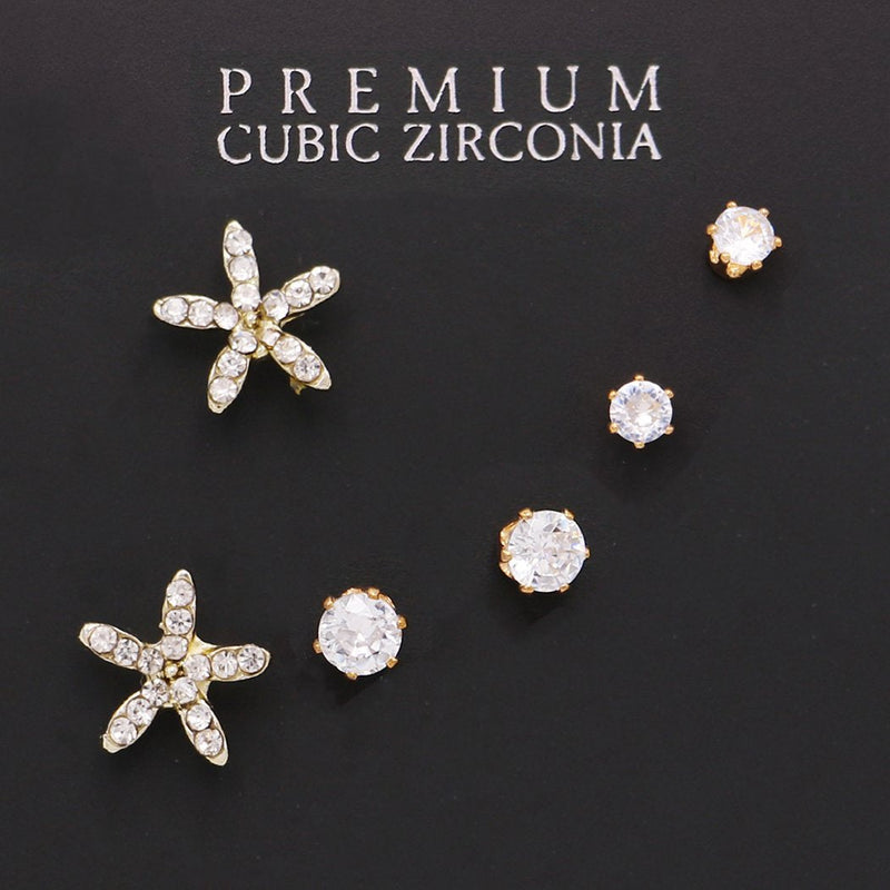 Set of 3 Pairs Petite Hypoallergenic CZ Stud Earring Gift Set (Starfish Stud Gold Tone)