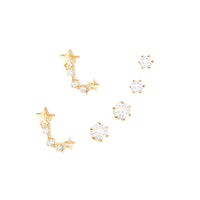 Set of 3 Pairs Petite Hypoallergenic CZ Stud Earring Gift Set (Star Comet Gold Tone)