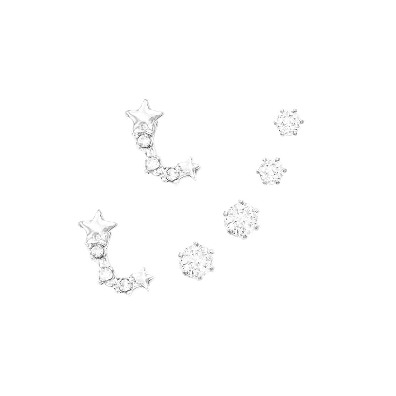 Set of 3 Pairs Petite Hypoallergenic CZ Stud Earring Gift Set (Star Comet Silver Tone)