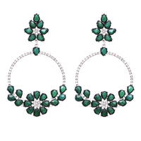 Hypoallergenic Statement Crystal Flower Embellished Rhinestone Dangle Hoop, Earrings 3.5" (Emerald Green)