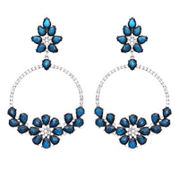 Hypoallergenic Statement Crystal Flower Embellished Rhinestone Dangle Hoop Earrings (Blue)