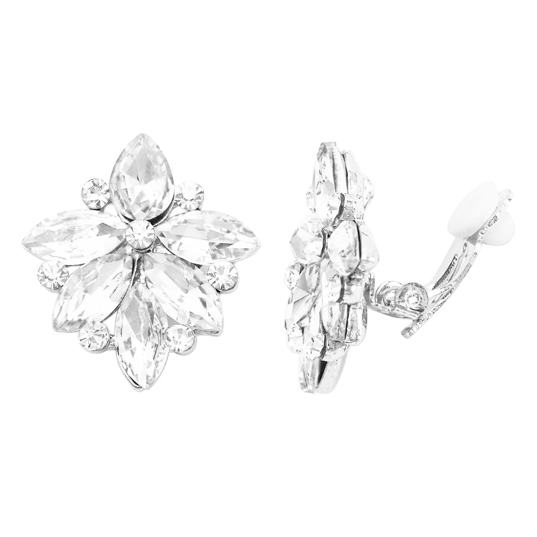 Stunning Crystal Rhinestone Marquis Floral Cluster Clip On Earrings, 1"