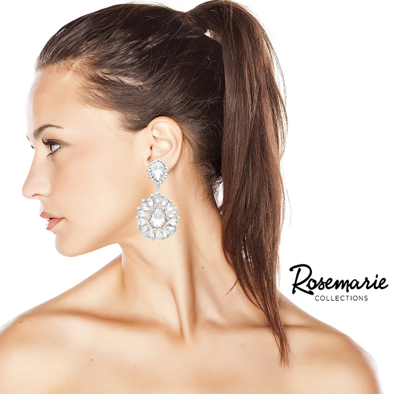 Stunning Crystal Rhinestone Dramatic Long Clip On Style Earrings, 3" (Silver Tone Clear)