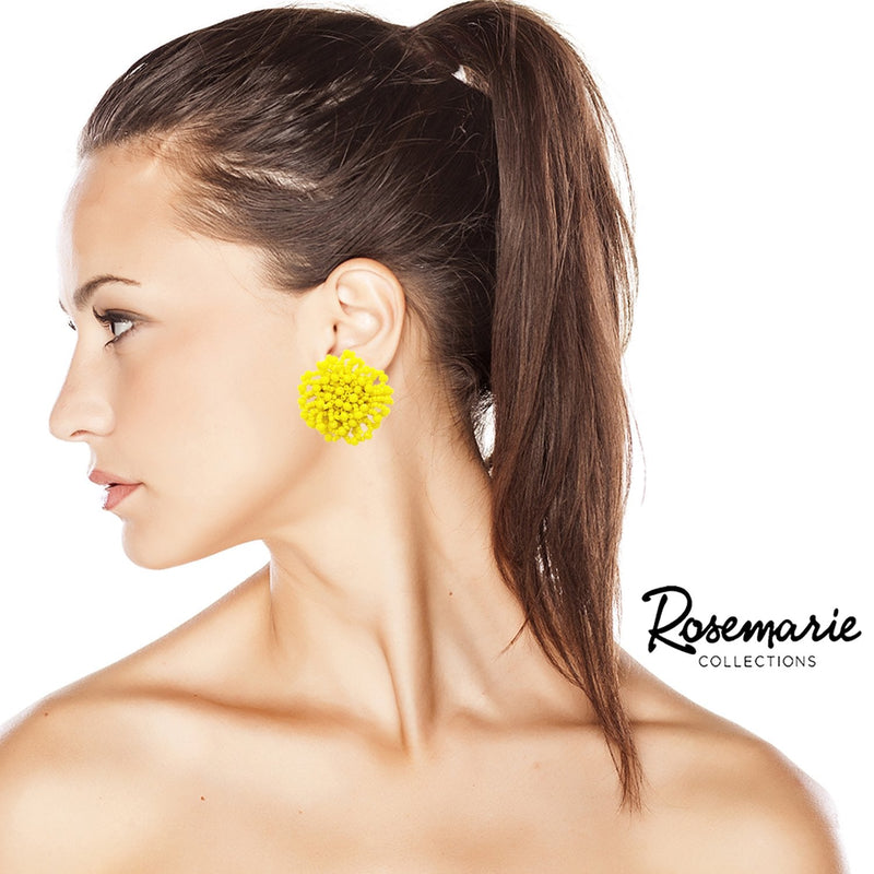 Flower Seed Bead Candy Cluster Hypoallergenic Post Earrings, 2" (Yellow)