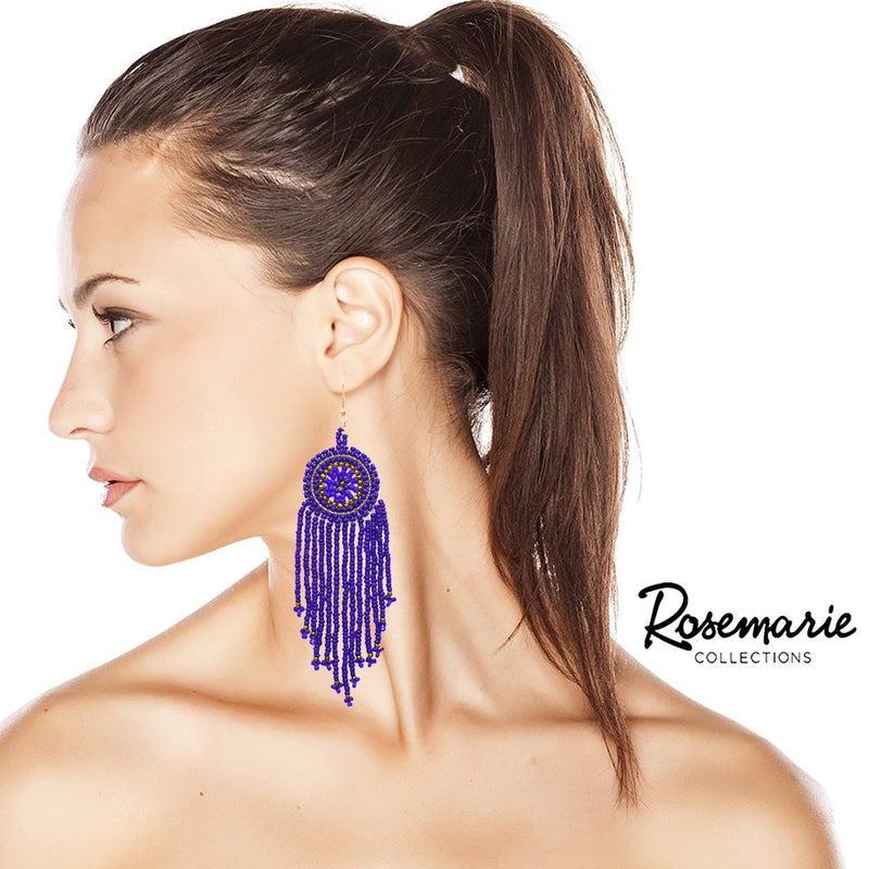 Women's Statement Boho Seed Bead Dream Catcher Fringe Earrings, very long 5.25"