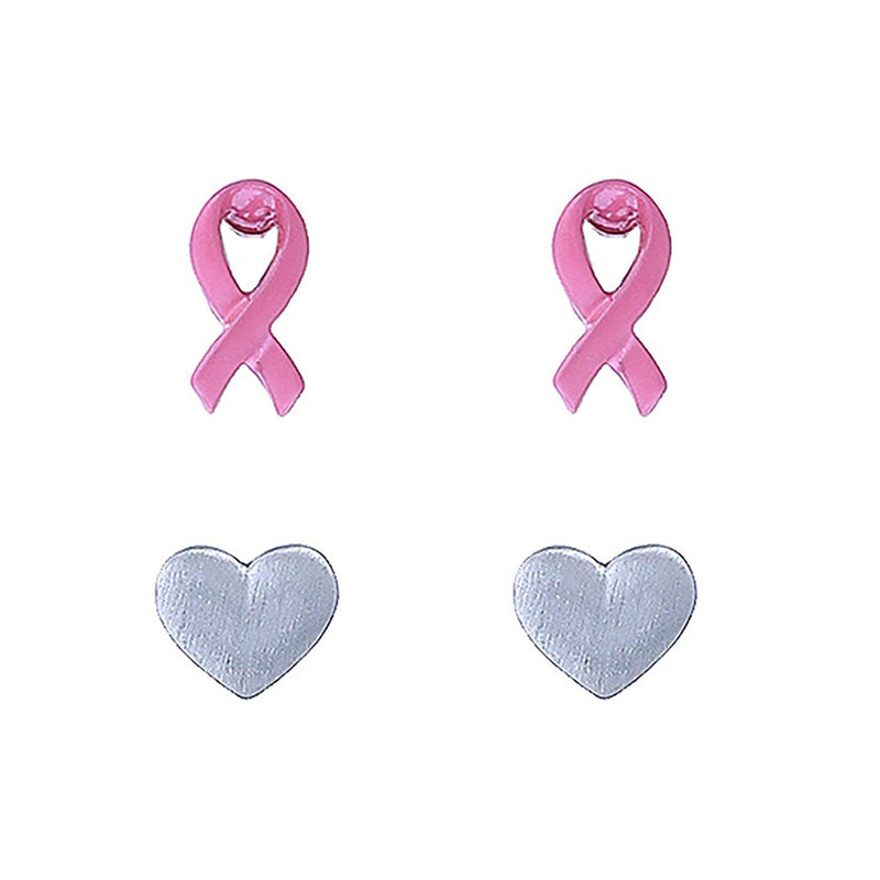 Women's Breast Cancer Pink Ribbon and Heart Hypoallergenic Post Stud Earrings Gift Set of 2