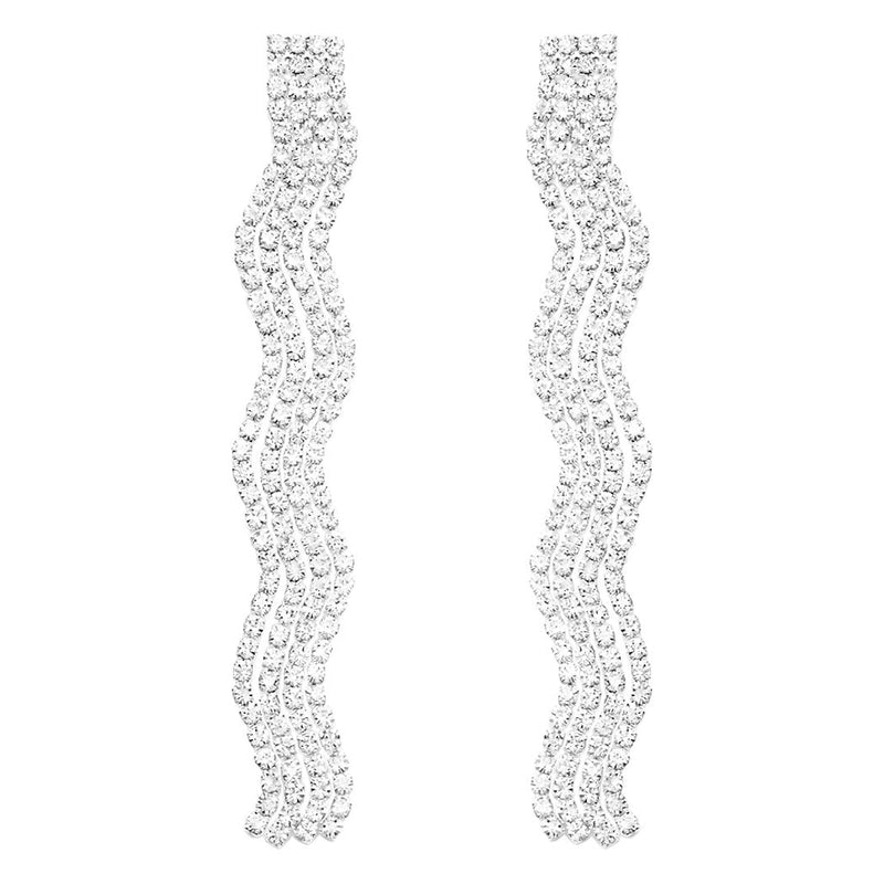 Dazzling Crystal Wave Fringe Hypoallergenic Post Earrings, 3.25" (Clear Crystal/Silver Tone)