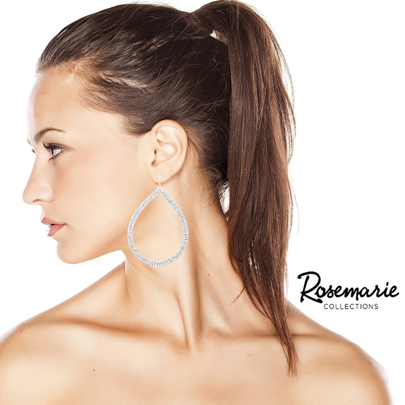 Dazzling Open Teardrop Crystal Hoop Earrings, 30mm-50mm (Silver Tone, 50)