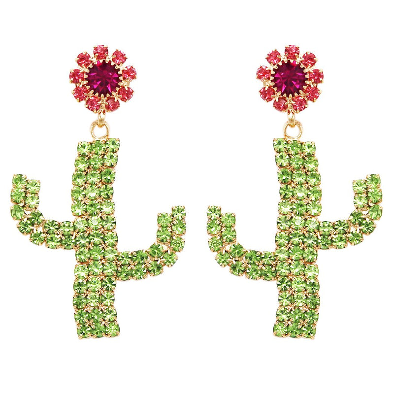 Fashion Statement Colorful Crystal Cactus Flower Hypoallergenic Dangle Earrings,1.75"