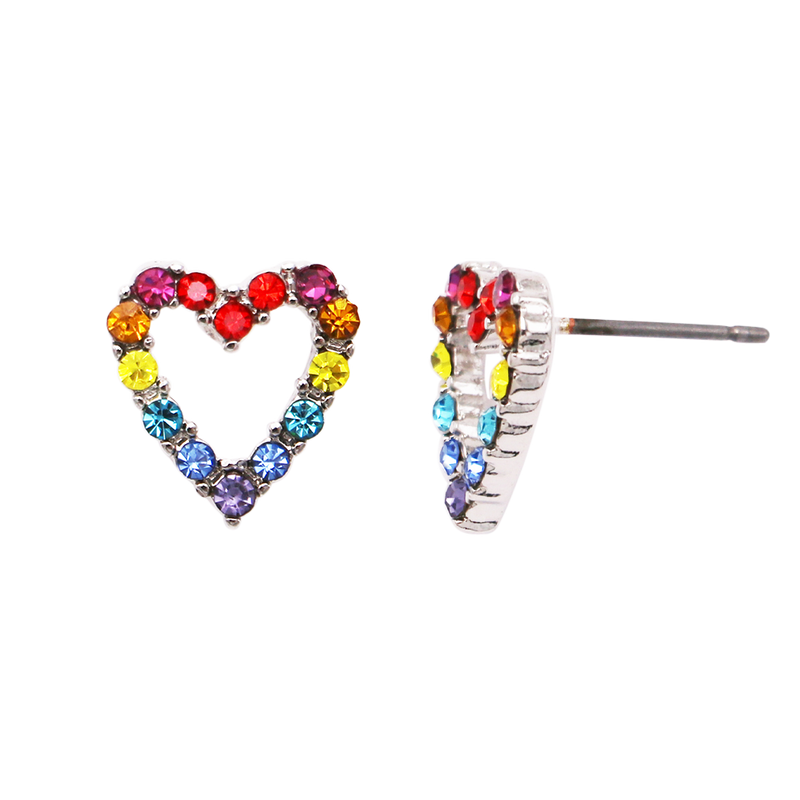 Kaleidoscope Rainbow Heart Crystal Rhinestone Hypoallergenic Post Earrings, 0.50"