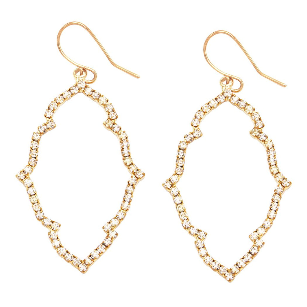 Stunning Pave Crystal Elongated Quatrefoil Dangle Earrings, 2" (Gold Tone/Clear)