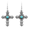 Western Style Turquoise Howlite Long Decorative Cross Religious Dangle Earrings, 2"