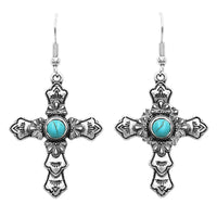 Western Style Turquoise Howlite Long Decorative Cross Religious Dangle Earrings, 2"