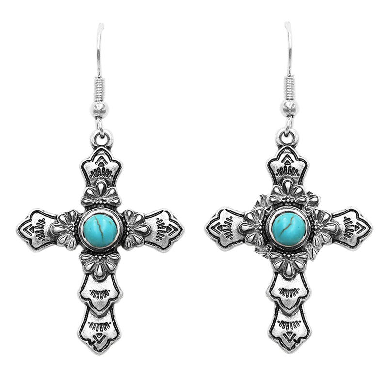 Western Style Turquoise Howlite Long Decorative Cross Religious Dangle Earrings, 2"