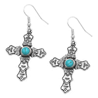 Western Style Turquoise Howlite Long Decorative Cross Religious Dangle Earrings, 2"