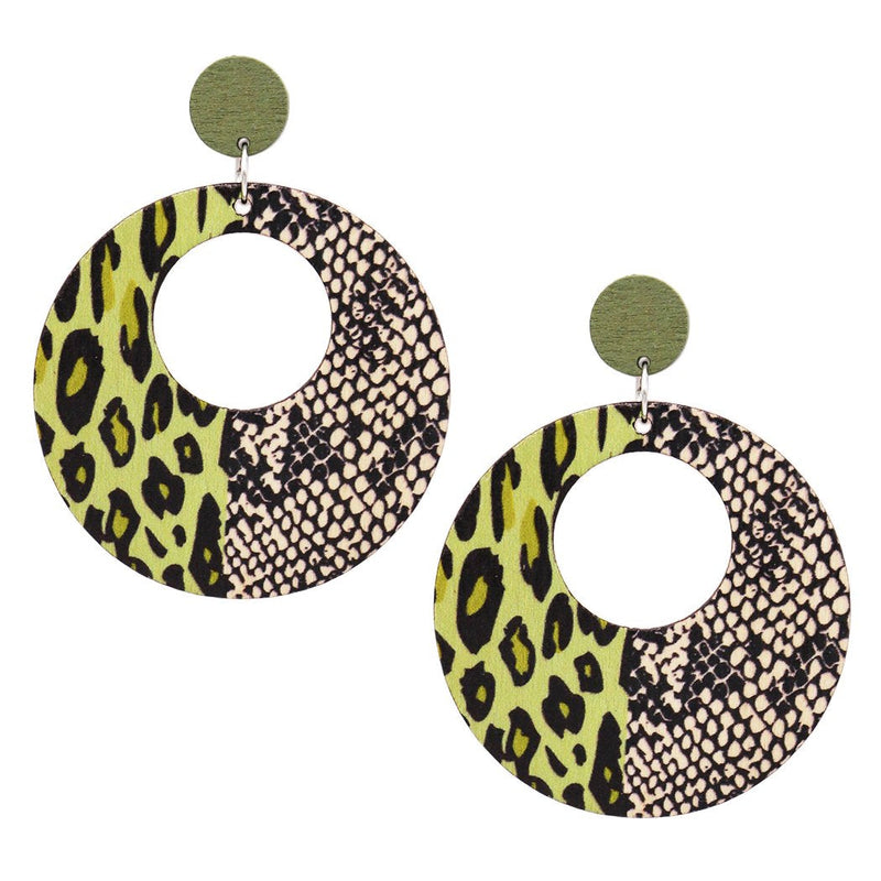 Women's Hypoallergenic Fashion Trending Wild Animal Print Wooden Statement Open Circle Hoop Earrings, 2.5"