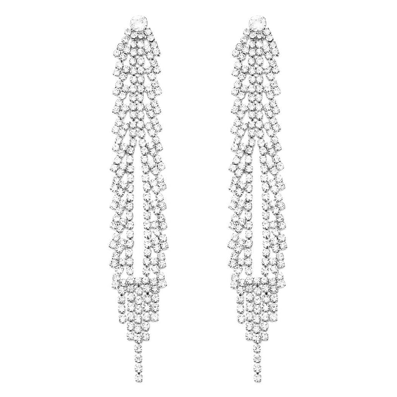 Dazzling Shoulder Duster Crystal Waterfall with Fringe Tassel Hypoallergenic Post Earrings, 4" (Silver Tone)